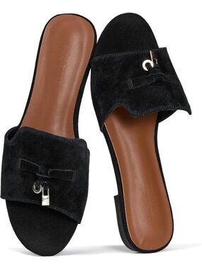 Women's Black Leather Slides Comfortable Memory Foam Insole Dressy Flats Shoes